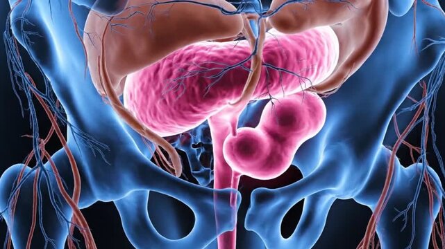 Anatomical illustration showing the pelvis bladder and other internal organs in blue and pink
