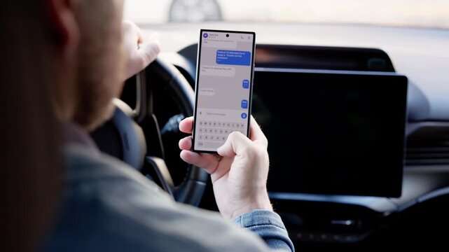 Driver Man Texting On Smartphone