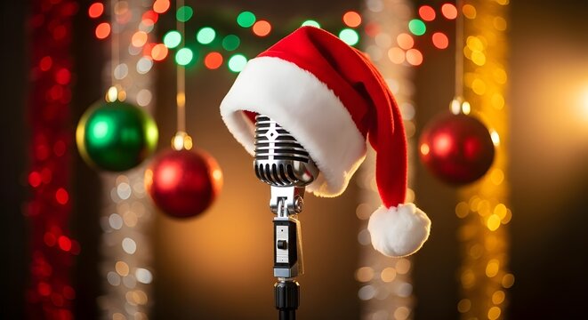 Vintage microphone with Santa hat for Christmas karaoke night