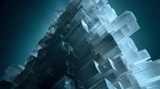 A detailed 3D animation of a large, dark crystal pyramid structure. The geometric facets glow with a cold, ethereal blue light, symbolizing technology or abstract luxury.