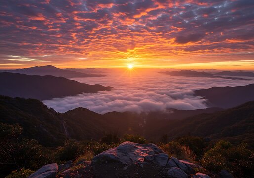 Spectacular sunrise view over mountain range with clouds and golden sky