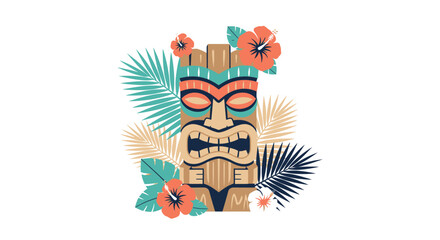 Vibrant Tiki mask with tropical hibiscus flowers and lush palm leaves evokes a fun, exotic, and celebratory island vibe perfect for summer and vacation themes.