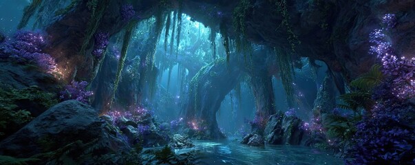 Obraz premium Magical forest cave with glowing vines concept. A serene underwater cave adorned with colorful coral and light.