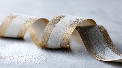 wintry gold ribbon with frosted tips, matte finish, paper wrap with rustic charm.