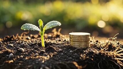 Growth and Investment Concept Seedling and Coins Symbolizing Financial Blooming
