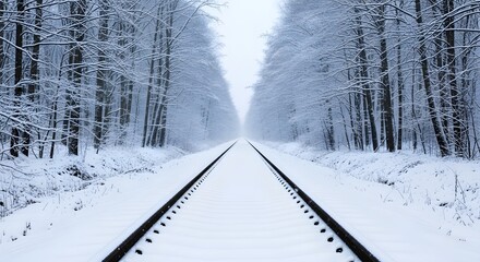 Snow covered railroad tracks vanishing into a tunnel of icy trees on a cold winter day