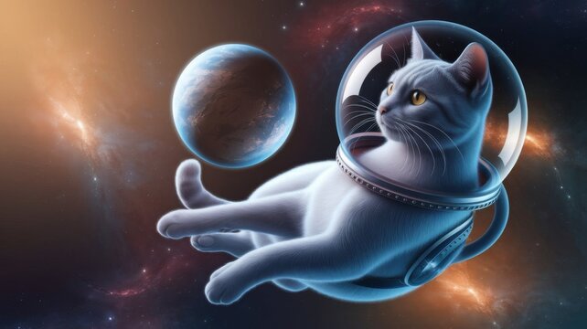 Astronaut cat floating in outer space near planet Earth - Powered by Adobe