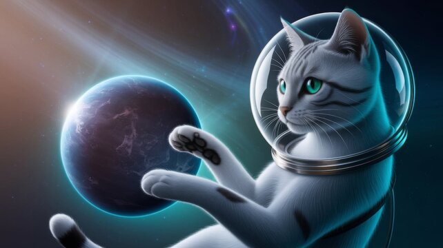 Astronaut cat floating in outer space near planet Earth - Powered by Adobe