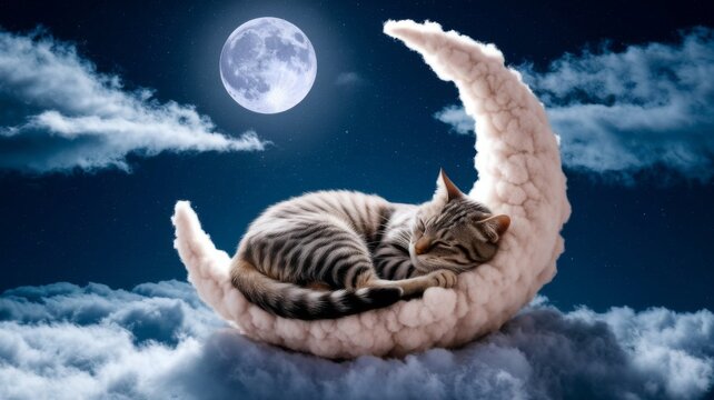 Sleeping cat on crescent moon made of clouds at sunset sky