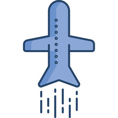 Simple blue airplane icon with six windows flying upward with motion lines on a transparent background abstract illustration