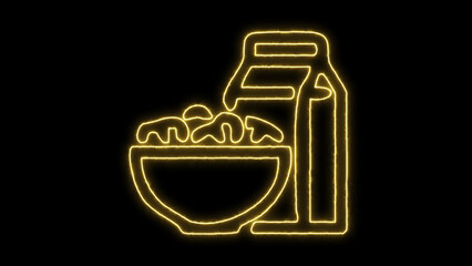 Neon yellow glowing icon depicting a fresh breakfast meal with cereal in a bowl and a carton of milk, symbolizing nutrition and a good start to the day, isolated on transparent background.
