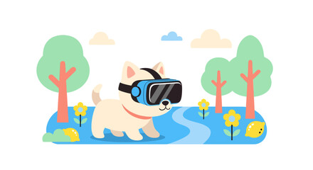 Adorable dog wearing virtual reality headset explores a whimsical, colorful park filled with playful elements and bright skies