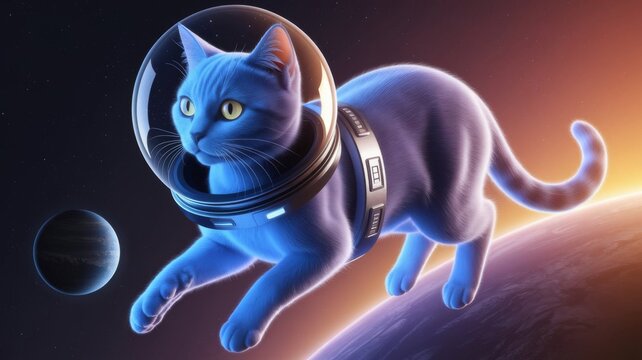 Astronaut cat floating in outer space near planet Earth