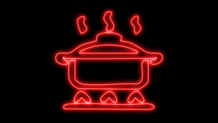 Red neon cooking pot icon with steam rising from a hot food preparation utensil on a black background, perfect for kitchen and restaurant designs