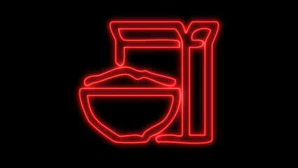 Red neon glowing outline illustration of a modern coffee maker with a pot for brewing hot beverages, illuminated against a dark black background, minimalist digital art icon