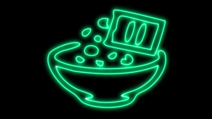 Minimalist neon green glowing vector icon illustrating instant food preparation, showing a bowl receiving circular contents from a small packet, perfect for fast food and quick meal concepts