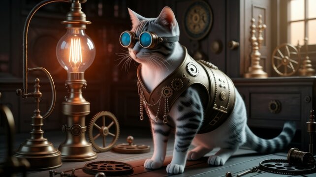 Steampunk cat with goggles in vintage workshop - Powered by Adobe