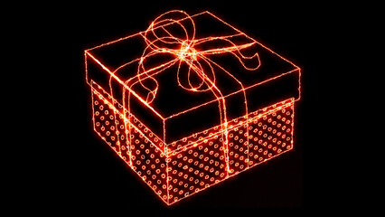 A vibrant glowing red and orange digital outline of a festive gift box with an elegant bow, presented against a striking black background, perfect for celebrations and modern tech concepts.
