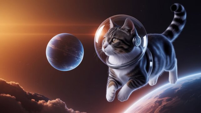 Astronaut cat floating in outer space near planet Earth - Powered by Adobe