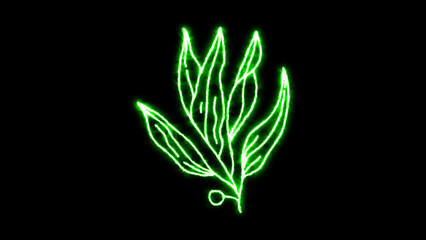 Vibrant neon green outline drawing of a lush plant stem with multiple leaves, glowing brightly on a dark black background, representing nature, ecology, and modern design