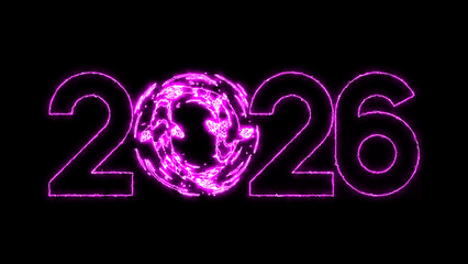 Magenta neon glowing electric 2026 numbers with digital futuristic light particles on a sleek black background, symbolizing an energetic new year celebration and technology.
