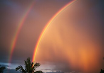 Vibrant double rainbow arcing across dramatic cloudy sky after sunset