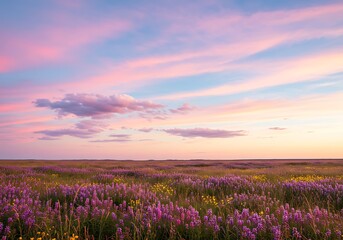 Fototapeta premium Vibrant meadow landscape under a colorful sunset sky with soft clouds and hues