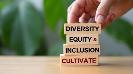 Realistic image of a hand placing wooden blocks labeled "diversity, equity, and inclusion" against a background of green leaves, symbolizing the concept of diversity and inclusion.