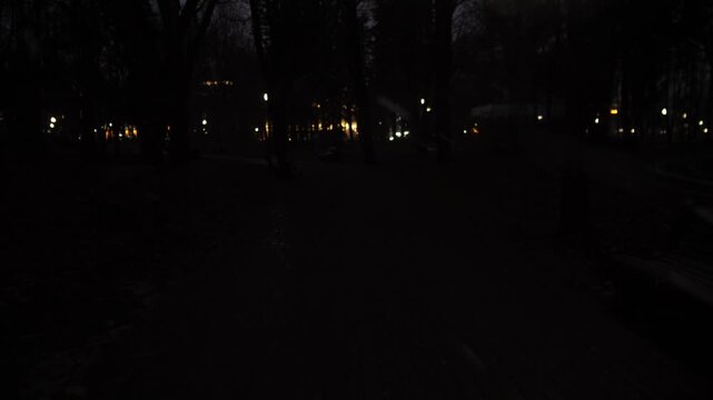 dark park alley with distant lights, empty walkway flanked by trees and benches, urban glow beyond creates