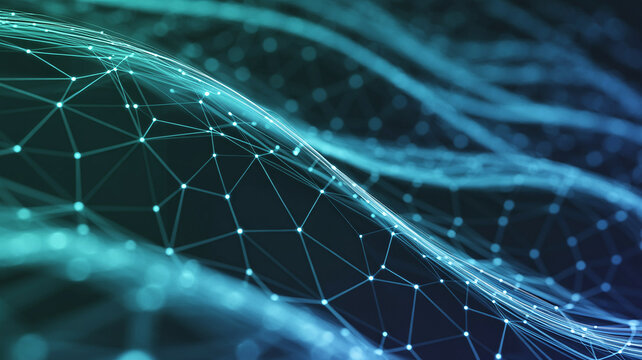 Abstract Blue and Teal Network Grid with Wavy Lines and Connected Dots background technology