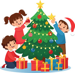 Children Decorating Christmas Tree Festive Holiday Art