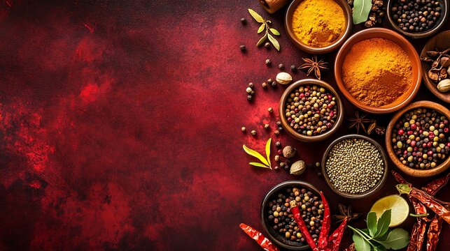 Various spices on dark red vintage background