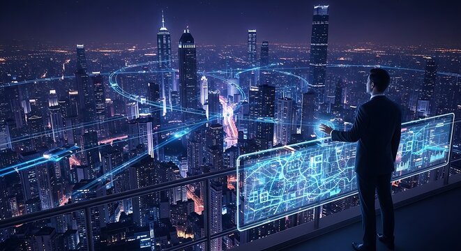 Futuristic Cityscape with Man Analyzing Data on Transparent Screens.