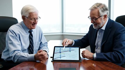 Two seasoned engineers, intently focused on a tablet computer, engage in a data driven discussion, exemplifying the collaborative spirit of male professionals leveraging technology to drive. - Powered by Adobe