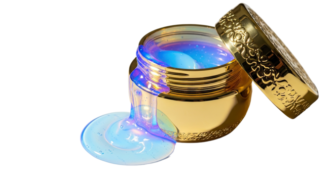 Gold finish luxury jar with radiant gel smear on white