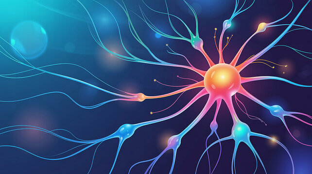 Abstract glowing neuron with dendrites and axon on a dark blue background brain science - Powered by Adobe