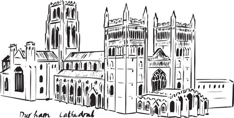 Ink drawing of Durham Cathedral — Romanesque masterpiece. Detailed pen illustration of the cathedral facade, showcasing towers, arches, and medieval craftsmanship. ideal for history resources.