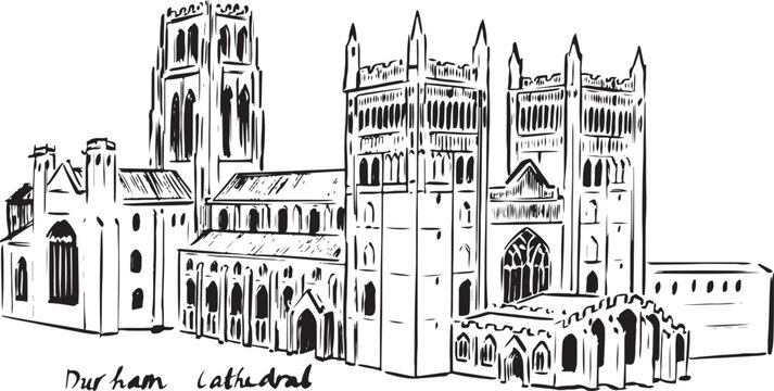 Ink drawing of Durham Cathedral &mdash; Romanesque masterpiece. Detailed pen illustration of the cathedral facade, showcasing towers, arches, and medieval craftsmanship. ideal for history resources.