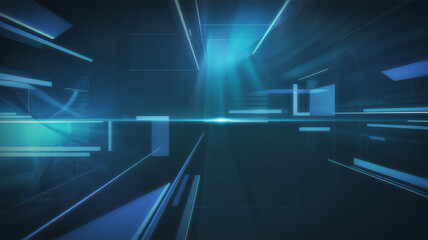 Abstract futuristic digital blue geometric tunnel with light rays background bright