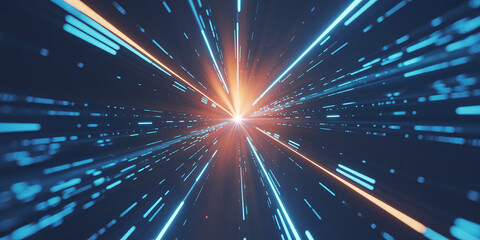 Abstract light speed tunnel with glowing blue and orange streaks of light image photo