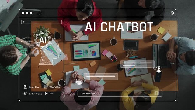 A diverse group of professionals is engaged in a collaborative meeting using an AI chatbot. Colorful sticky notes and laptops create a vibrant workspace for innovative discussions. Raster