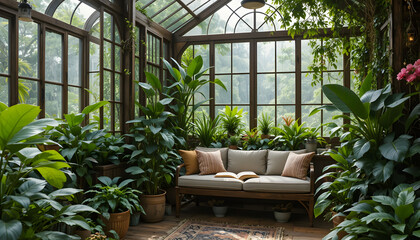 Rustic greenhouse reading nook with tropical foliage for concepts of comfort, serenity and eco-friendly interior