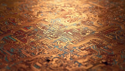 Fototapeta premium Detailed Close Up of a Complex Golden Circuit Board Pattern