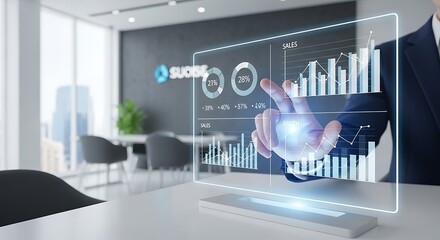 Futuristic Business Intelligence - Man Interacting with Holographic Data Display.