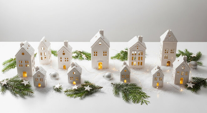 Ceramic houses with snow décor and lights on bright white background
