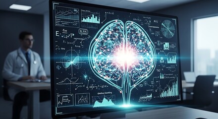 Futuristic Brain Scan Display with Doctor in Background.