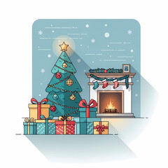 Christmas tree with colorful presents next to cozy fireplace in winter  