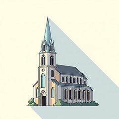 Stylized church building with tall spire and stained glass windows  