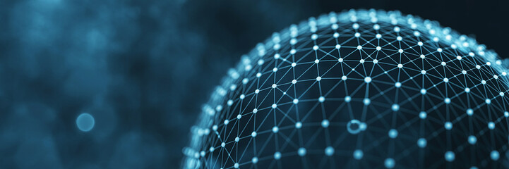 Futuristic Digital Network Sphere with Glowing Nodes and Blurred Background Elements abstract