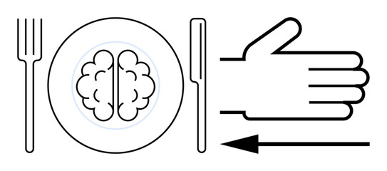 Brain food concept. a brain on a plate with cutlery and a hand gesture conveying ideas of mental nutrition and knowledge consumption. Suitable for health, education, and science. Key usage include